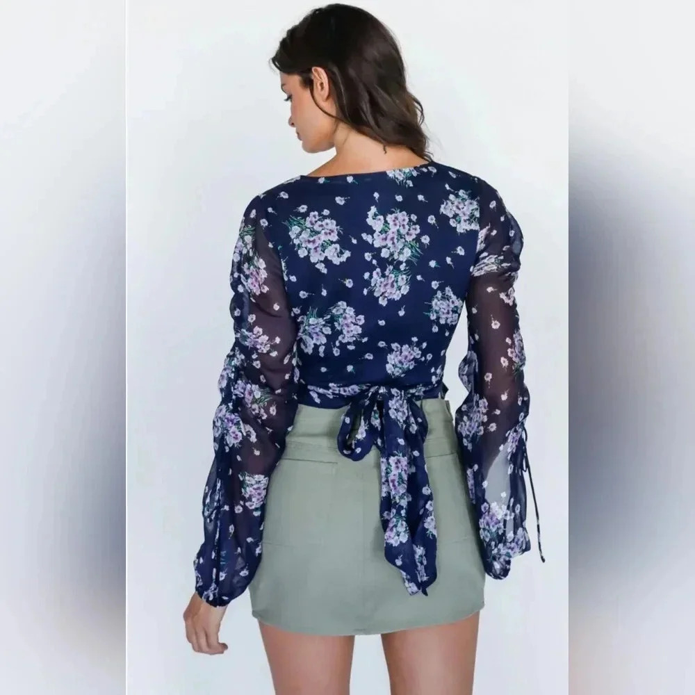 2 Left!! Navy Floral Print Ruched Detail Sleeve Wrap Top #403-405 - Picture 2 of 9